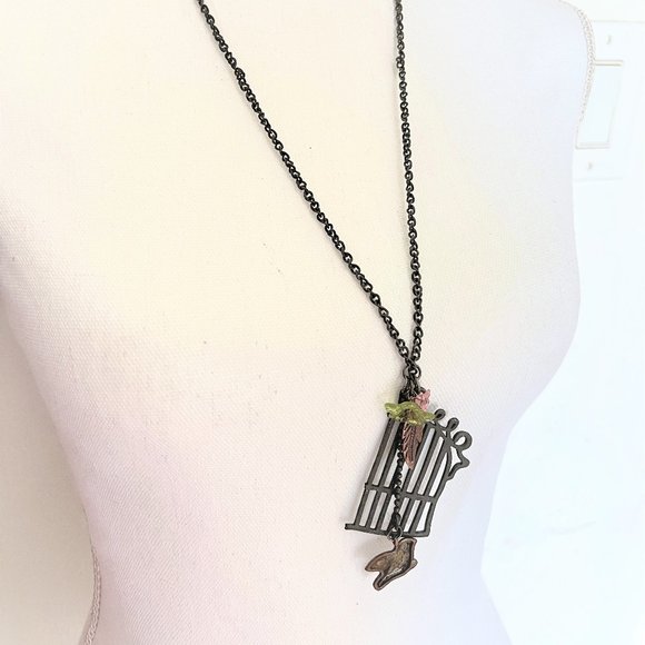 Vintage Bird Cage Pull Over Pendant Necklace Oxidized Twisted Curb Chain - Picture 5 of 6